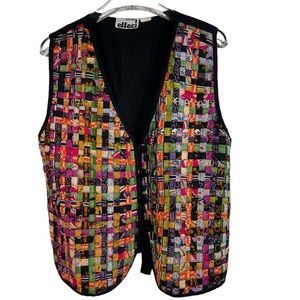 Vintage Woven Vest Multi-Colored Sleeveless  Vest Button Front Bohemian Size M